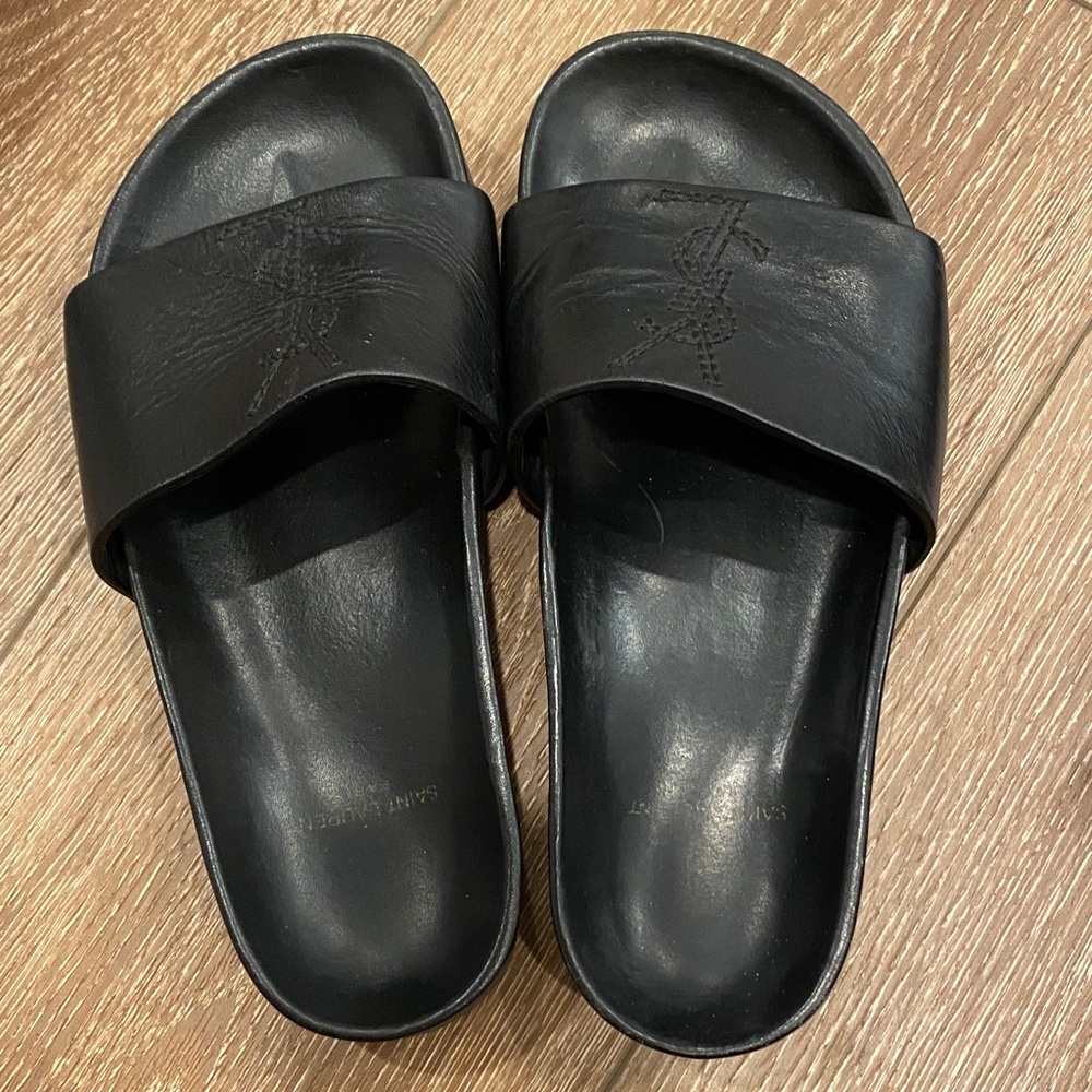 Saint Laurent Black Leather Slide Sandals